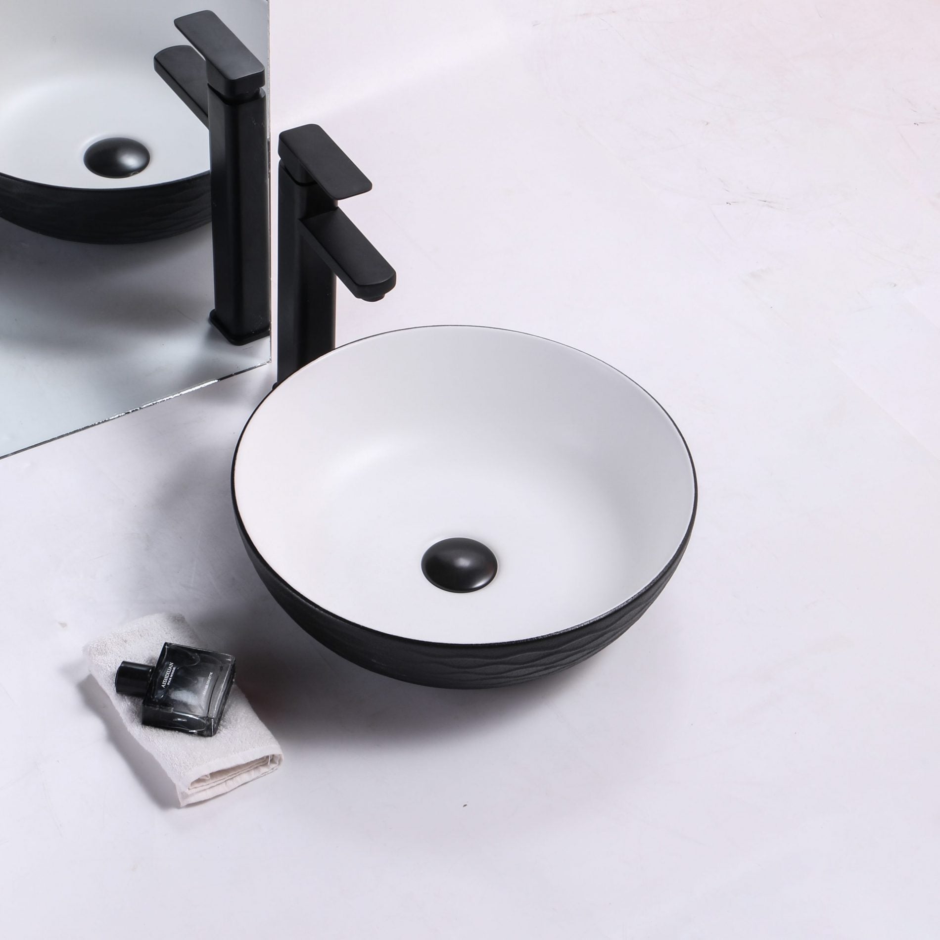 Ovia Art Wavy Matt Black and Matt White Textured Above Counter Basin 400mm x 135mm