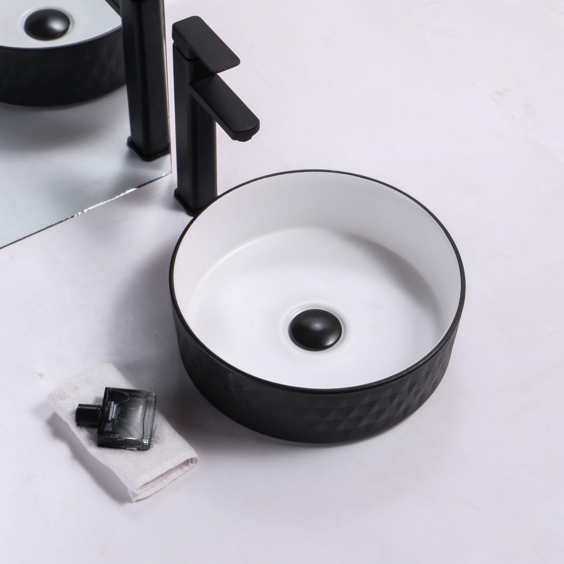 Ovia Art Diamond Matt Black and Matt White Textured Above Counter Basin 360mm x 120mm