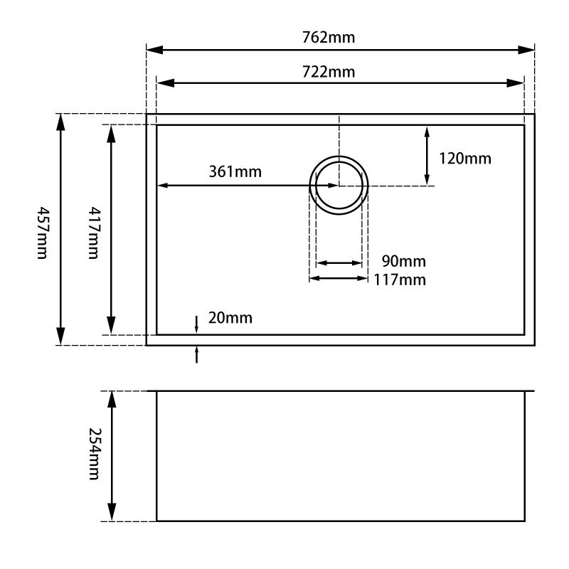 762x457x254mm 1.2mm Handmade Single Bowl Top/Undermount Kitchen/Laundry Sink