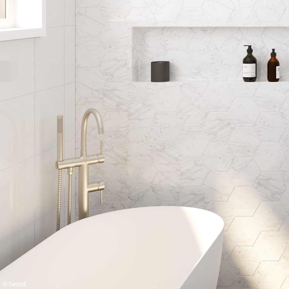 Fienza KAYA Floor Mounted Bath Mixer with Hand Shower Brushed Nickel