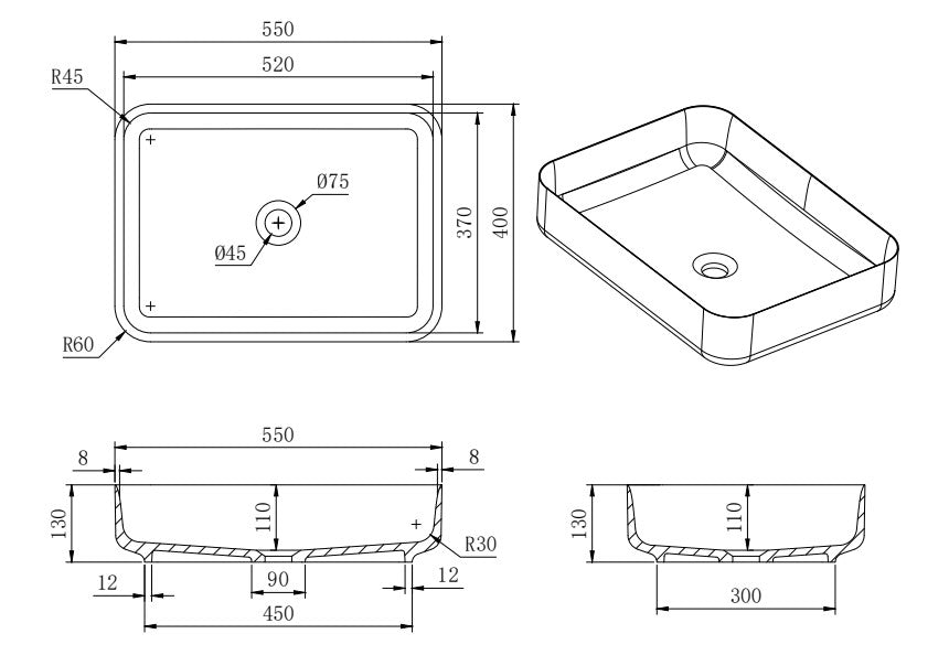 Lukka Kliff Solid Surface Above Counter Basin LK-SKA550-MW