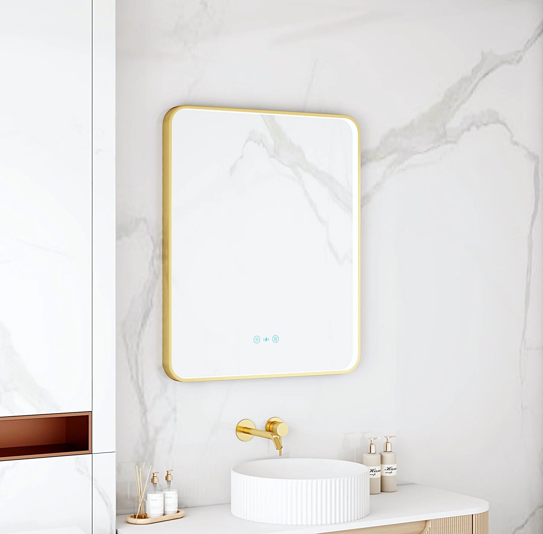 Maia 600×750mm LED Rectangular Mirror – Brushed Gold Frame