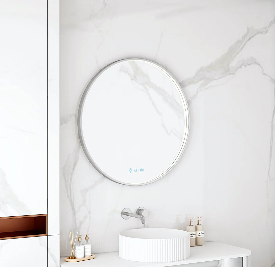 Maia 900mm LED Round Mirror – Brushed Nickel Frame