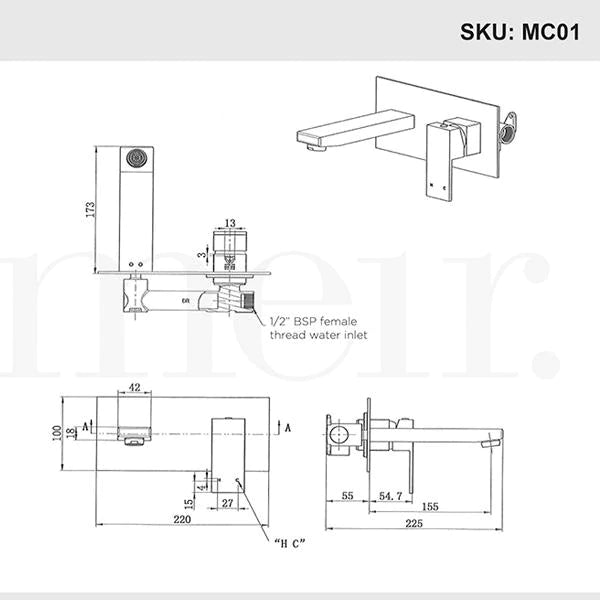 Meir Square Wall Basin Mixer and Spout Matte Black