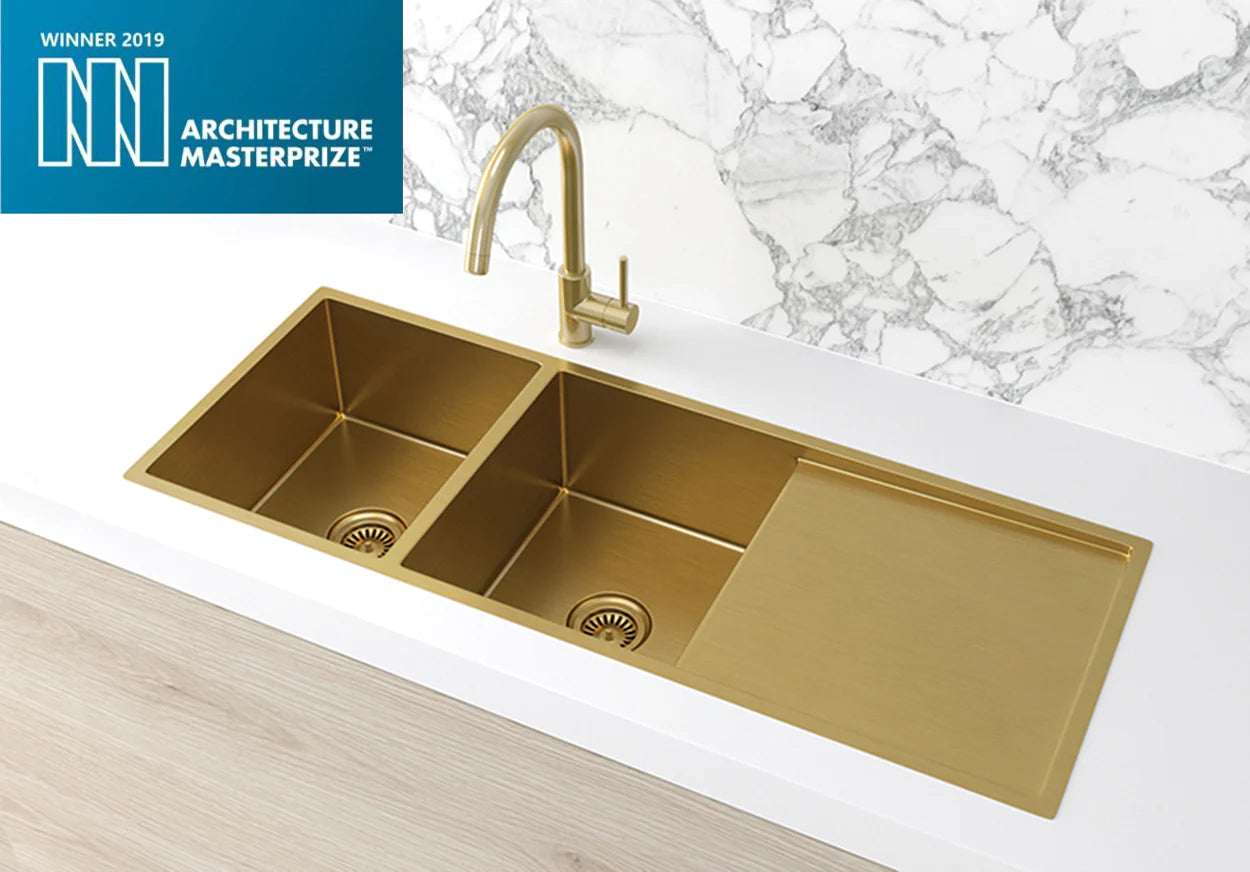 Meir Lavello Kitchen Sink - Double Bowl with Drainboard 1160mm x 440mm - Brushed Bronze Gold
