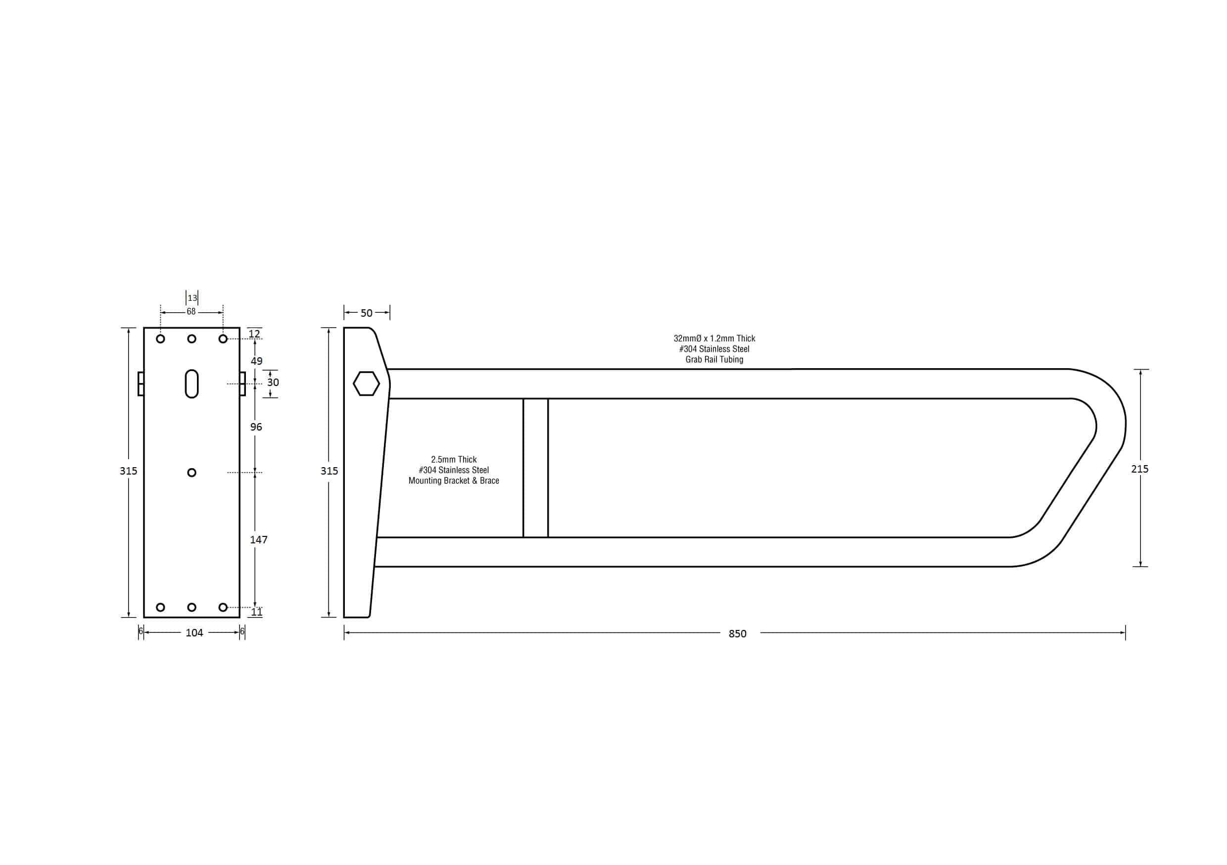 Metlam Flip Up Pull Down Grab Rail Stainless Steel