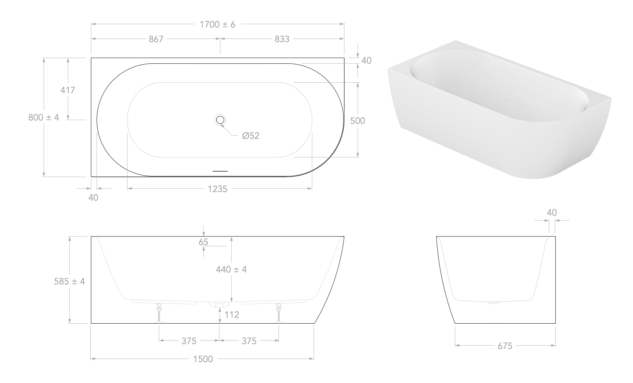 Ovia Madison Corner Bath 1700mm