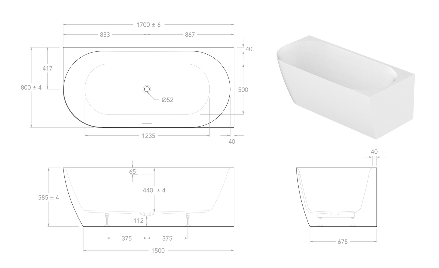 Ovia Madison 1700mm Right Hand Corner Bath