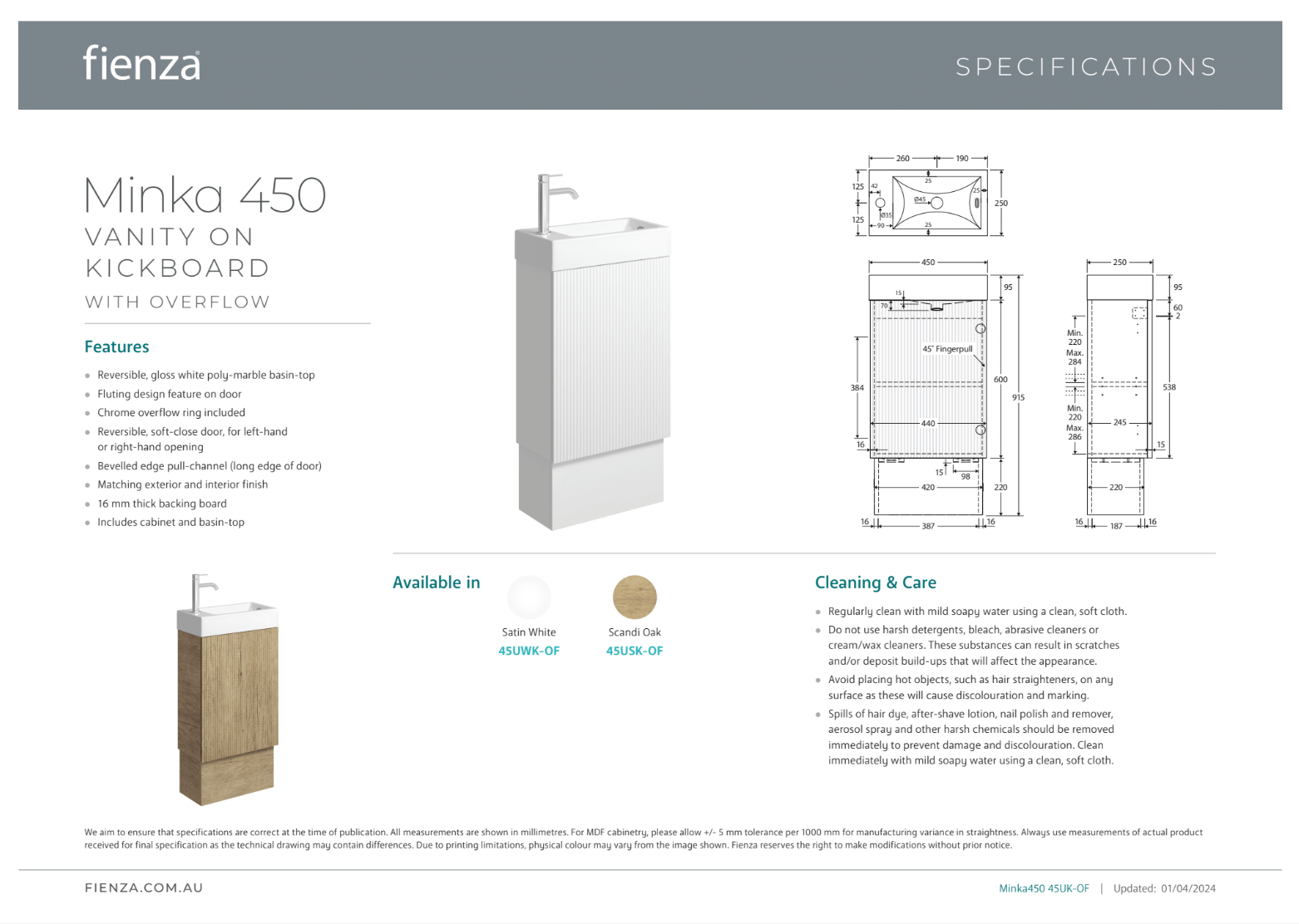 Fienza Minka 450 Vanity on Kickboard with Overflow, Scandi Oak