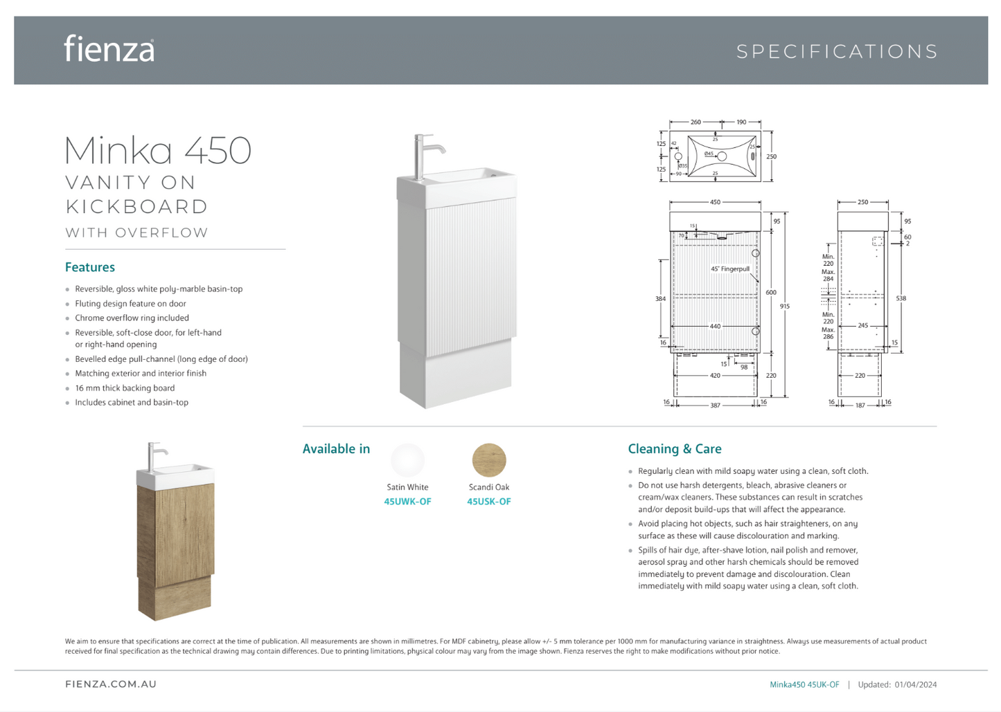 Fienza Minka 450 Vanity on Kickboard with Overflow, Scandi Oak