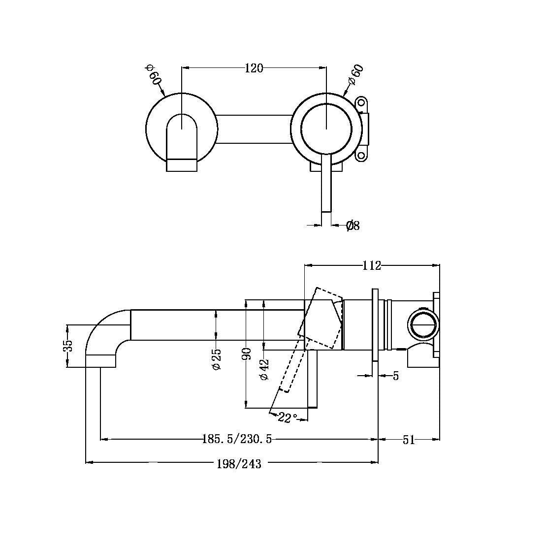 Nero Zen SS316L 230mm Wall Basin/Bath Mixer Separate Back Plate Spout Graphite