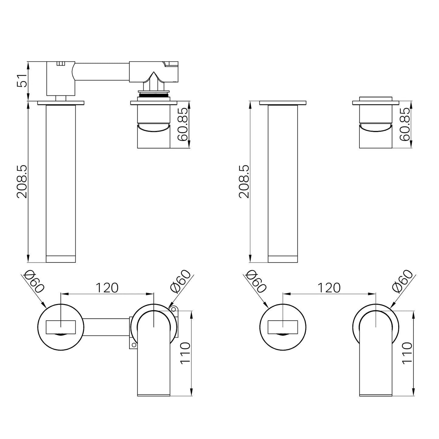 Nero Bianca Wall Basin Mixer Separate Back Plate Matte Black