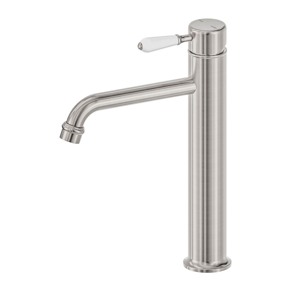 Nero York Straight Tall Basin Mixer With White Porcelain Lever Brushed Nickel