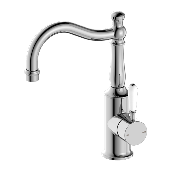 York Basin Mixer Hook Spout With White Porcelain Lever Chrome
