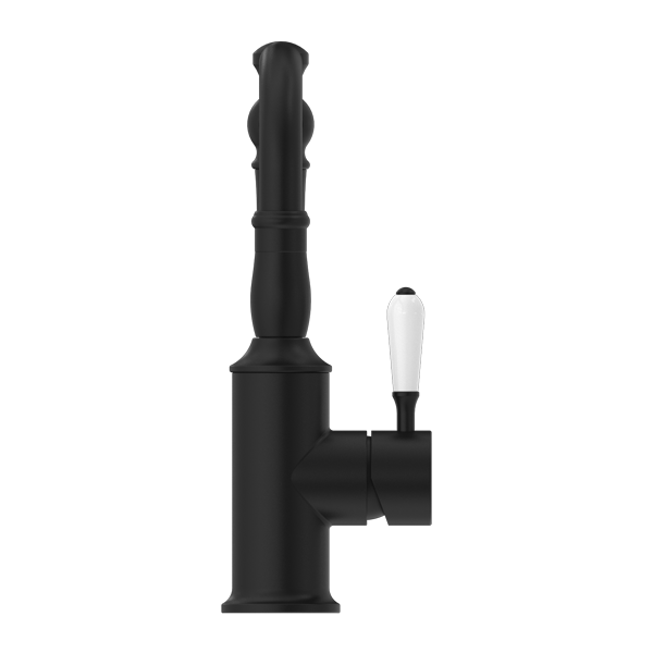 York Basin Mixer Hook Spout With White Porcelain Lever Matte Black