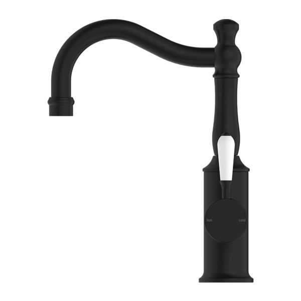 York Basin Mixer Hook Spout With White Porcelain Lever Matte Black