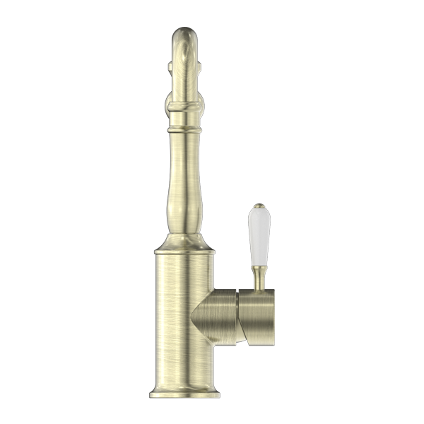 Nero York Kitchen Mixer Hook Spout With White Porcelain Lever Aged Brass