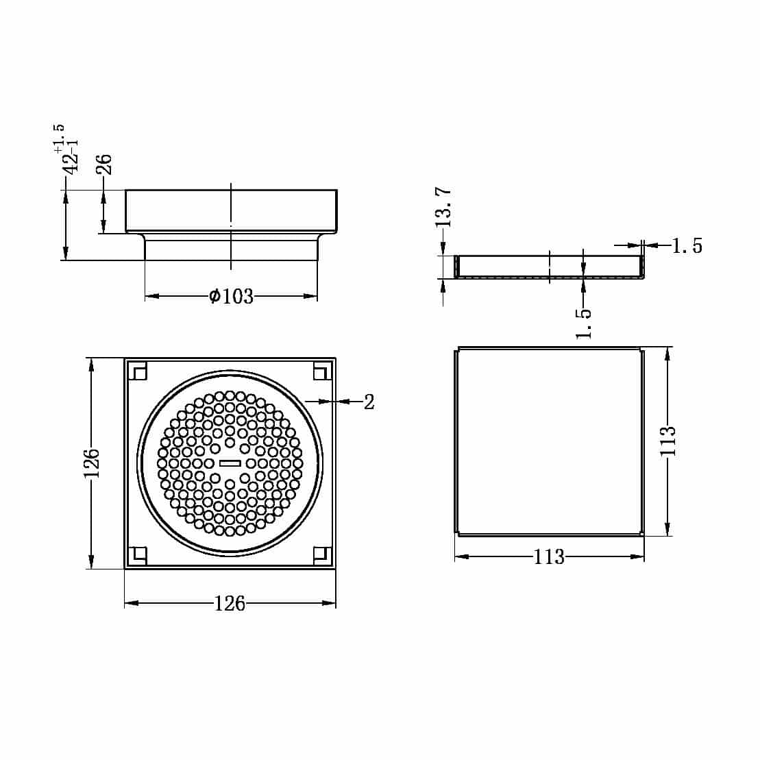 Nero 130mm Square Tile Insert Floor Waste 100mm Outlet Gun Metal