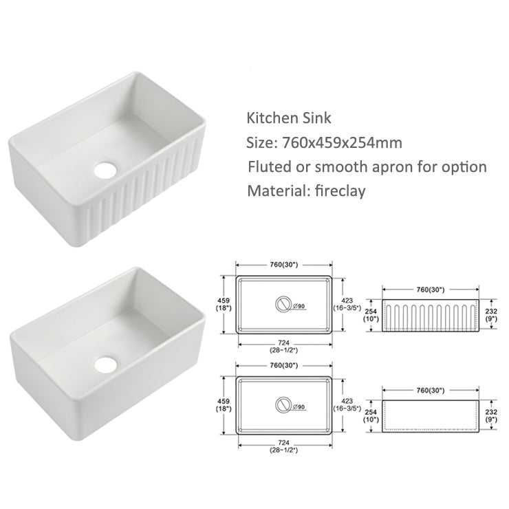 Ovia 760x459x254mm Fine Fireclay Butler Sink Single Bowl Farmhouse Kitchen Sink