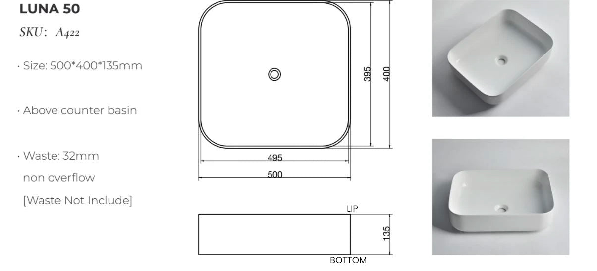 Ovia 500x400x135mm Rectangle Counter Top Basin Gloss White