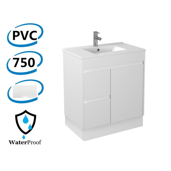 750x460x880mm Bathroom Vanity Kickboard White PVC Ceramic Top Freestanding Left Hand Side Drawers Polyurethane Cabinet