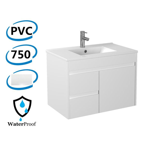 750x460x550mm Bathroom Vanity Wall Hung Cabinet Thin Ceramic Top/Poly Top with Left Side Drawers PVC White