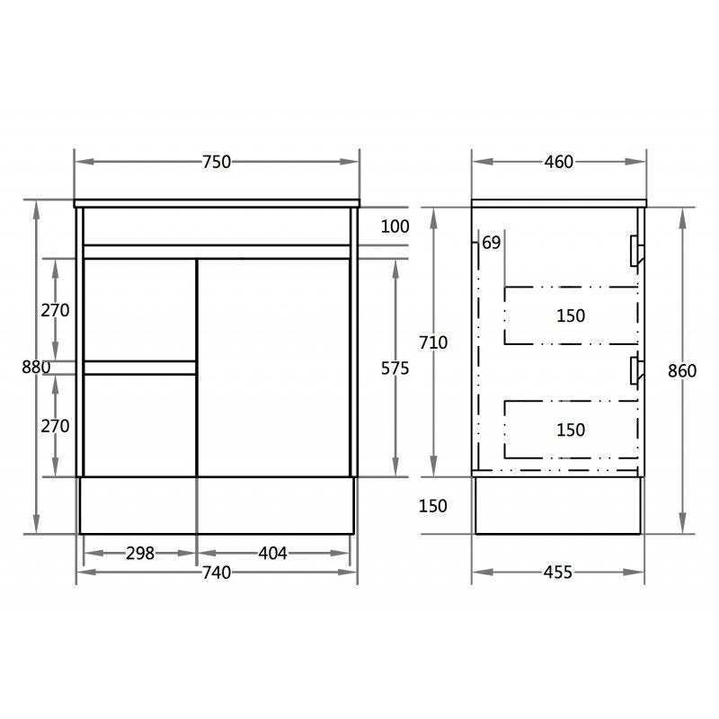 750x460x880mm Bathroom Vanity Kickboard White PVC Ceramic Top Freestanding Left Hand Side Drawers Polyurethane Cabinet
