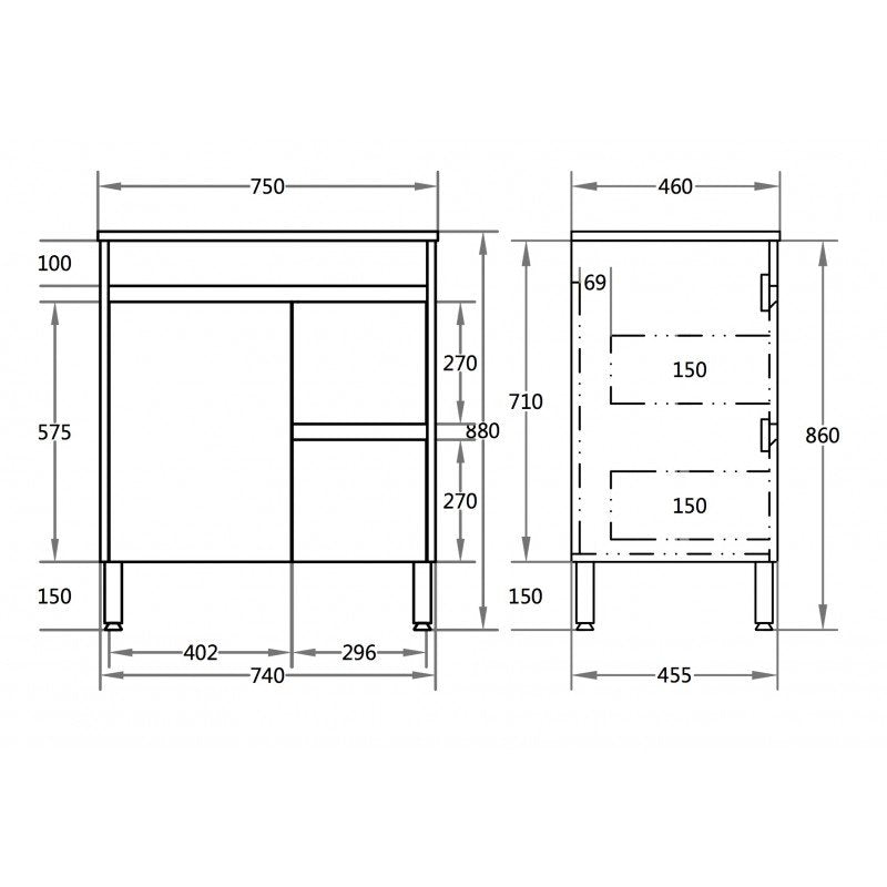 750x460x880mm Bathroom Vanity Thin Ceramic Top/Poly Top White Polyurethane PVC Freestanding Right Side Drawers