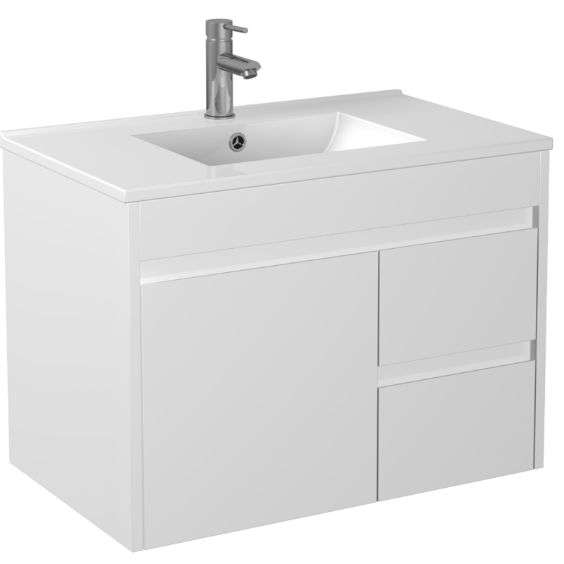 750x460x550mm Bathroom Vanity Wall Hung Cabinet Thin Ceramic Top/Poly Top with Right Side Drawers PVC White