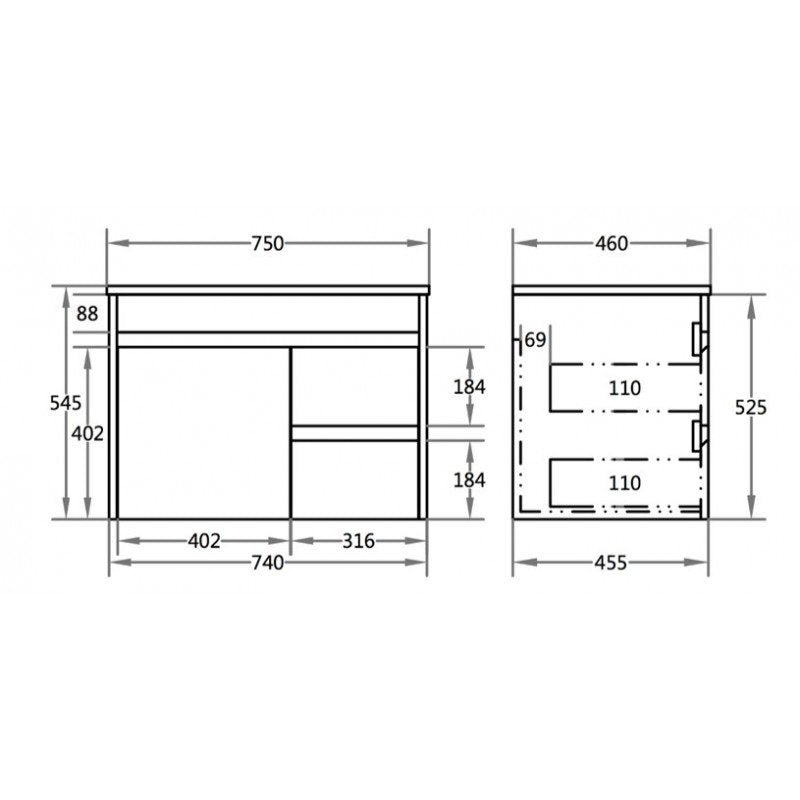 750x460x550mm Bathroom Vanity Wall Hung Cabinet Thin Ceramic Top/Poly Top with Right Side Drawers PVC White