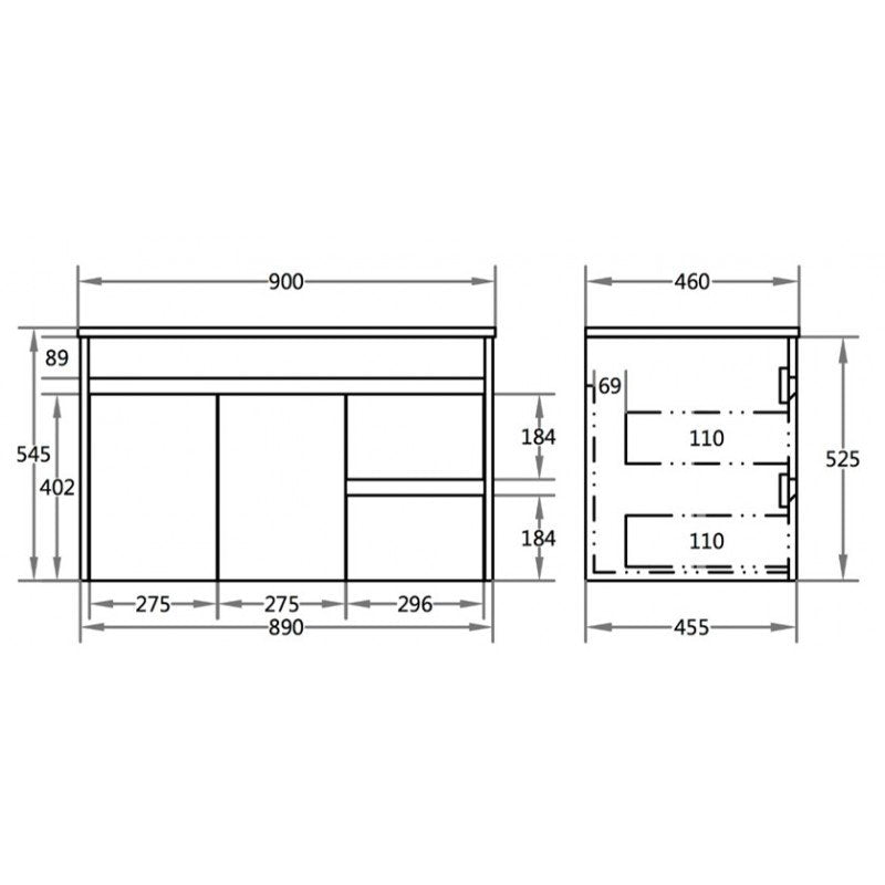 900x460x550mm Bathroom Vanity Thin Ceramic Top/Poly Top Polyurethane White PVC Right Hand Side Drawers Cabinet