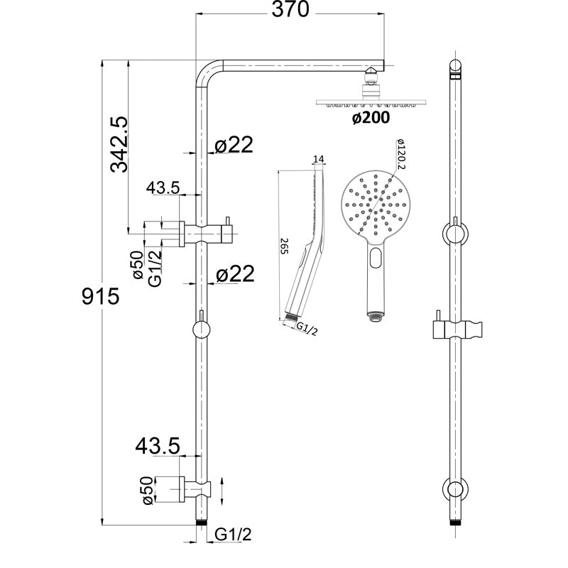 Cora 2 in 1 Multi Function Shower Gunmetal Grey Top Inlet Single Hose