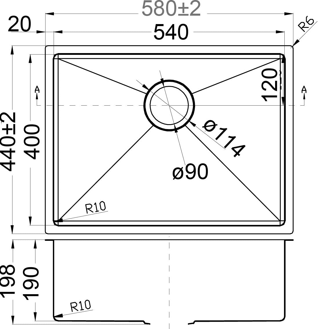 Eden 580x440x200 Single Bowl Stainless Steel Sink Undermount/Above Mount