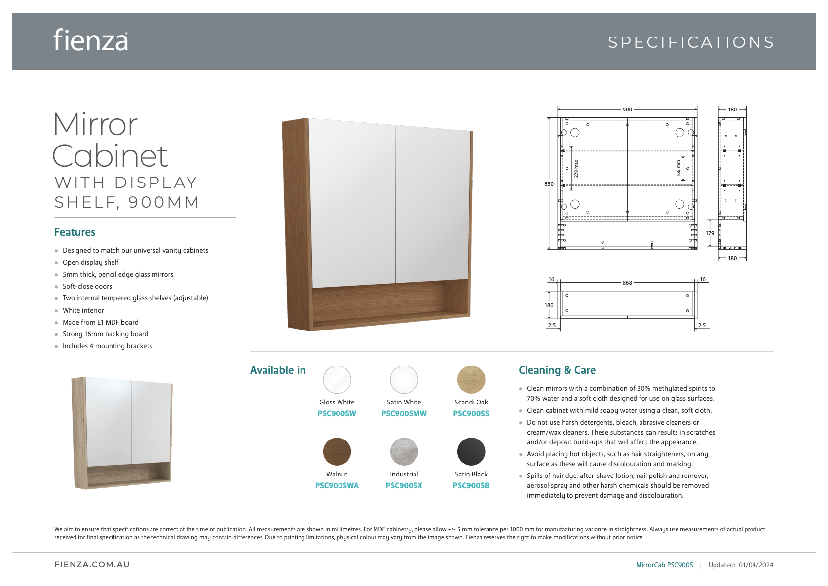 Fienza 900 Mirror Cabinet with Display Shelf, Walnut