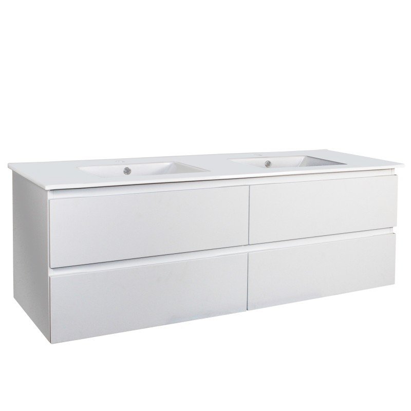 1200x460x500mm Wall Hung Bathroom Vanity Matt White PVC Vacuum Filmed 4 Drawers Double Bowls Ceramic Top