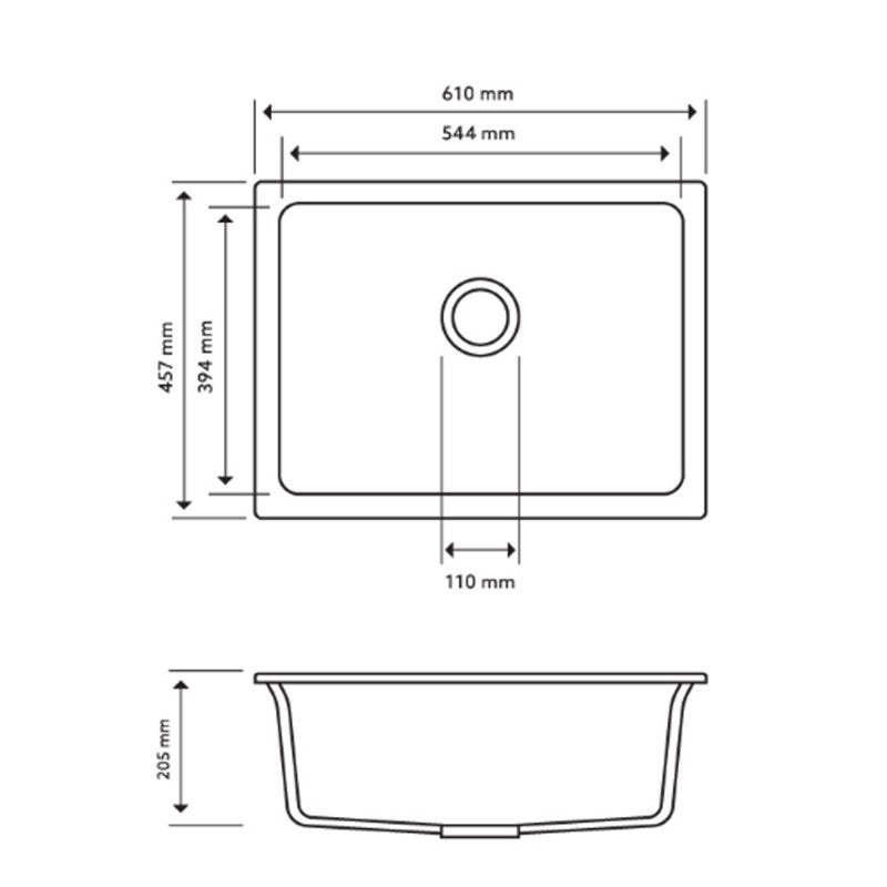 610 x 457 x 205mm Carysil Black Single Big Bowl Granite Kitchen/Laundry Sink Top/Flush/Under Mount
