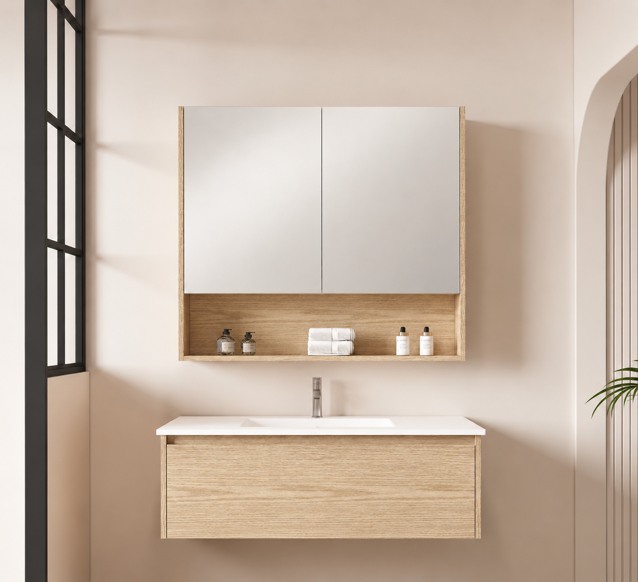 Fienza 900 Mirror Cabinet with Display Shelf, Scandi Oak
