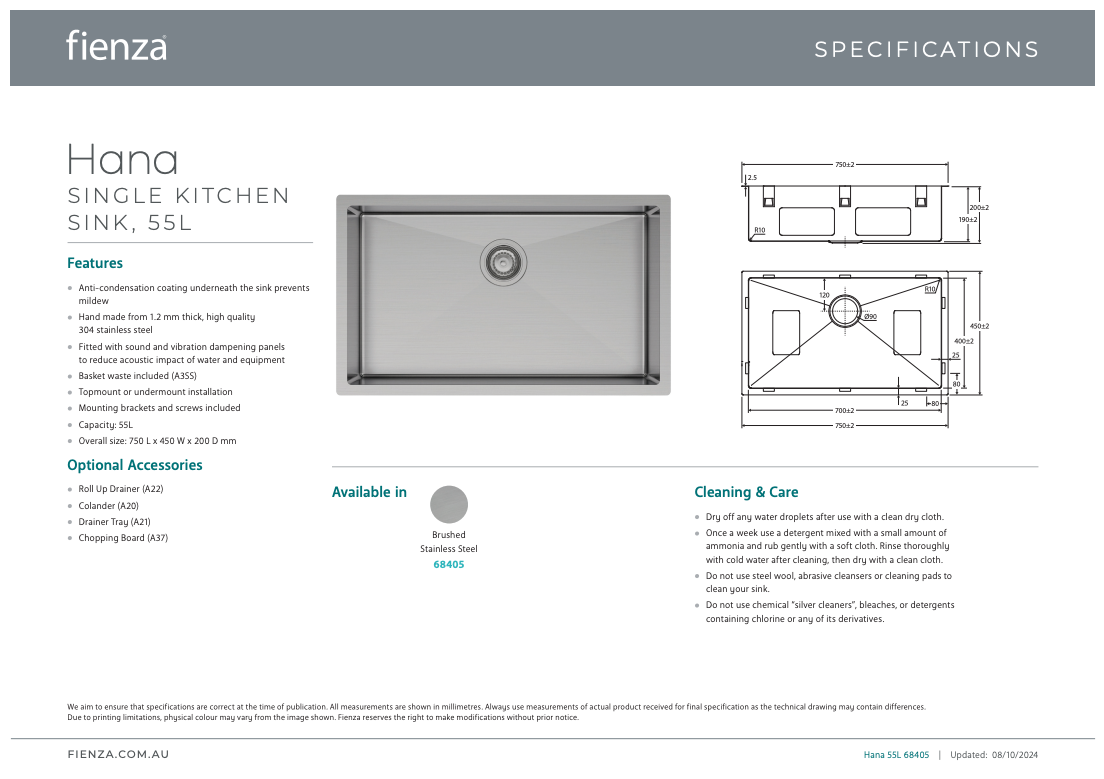 Hana 55L Single Kitchen Sink Kit - Fienza