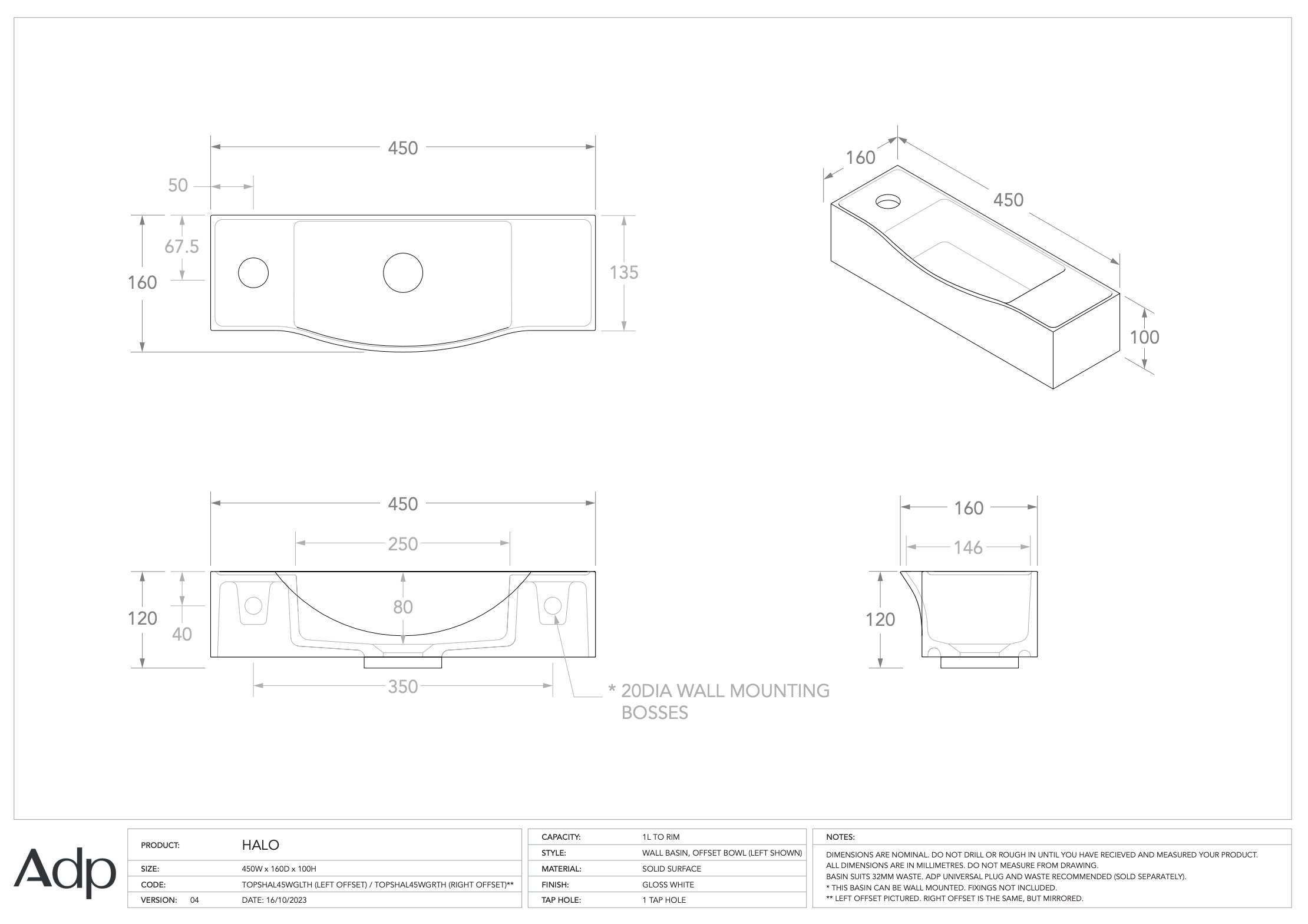 ADP Halo Wall Basin - Gloss White