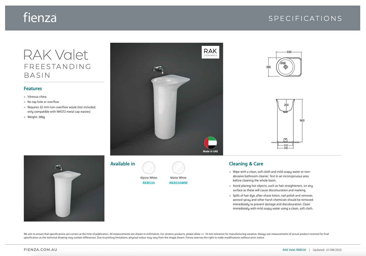 RAK VALET Freestanding Basin 900x530x395mm No Overflow NTH Alpine Gloss White
