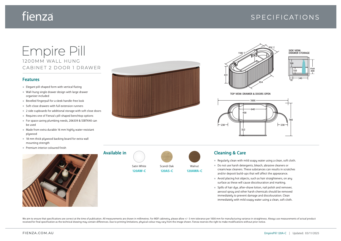 Fienza Empire Pill Walnut 1200 Wall Hung Cabinet Only