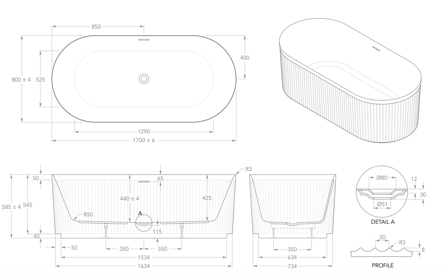 ADP Bronte Plus Fluted Freestanding Bath - 1700mm Gloss or Matte White