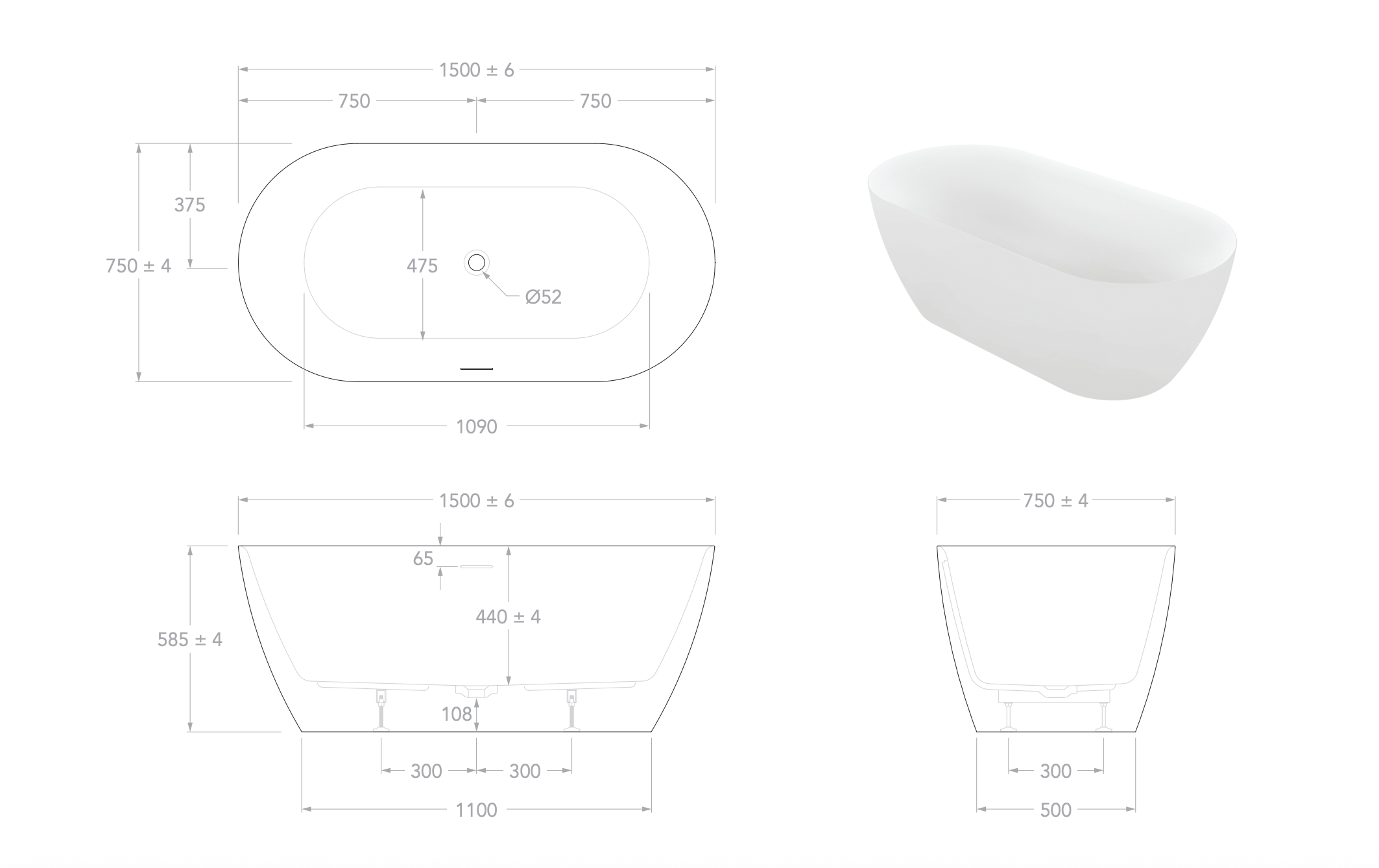 ADP Glacier Freestanding Bath - 1500mm Gloss White