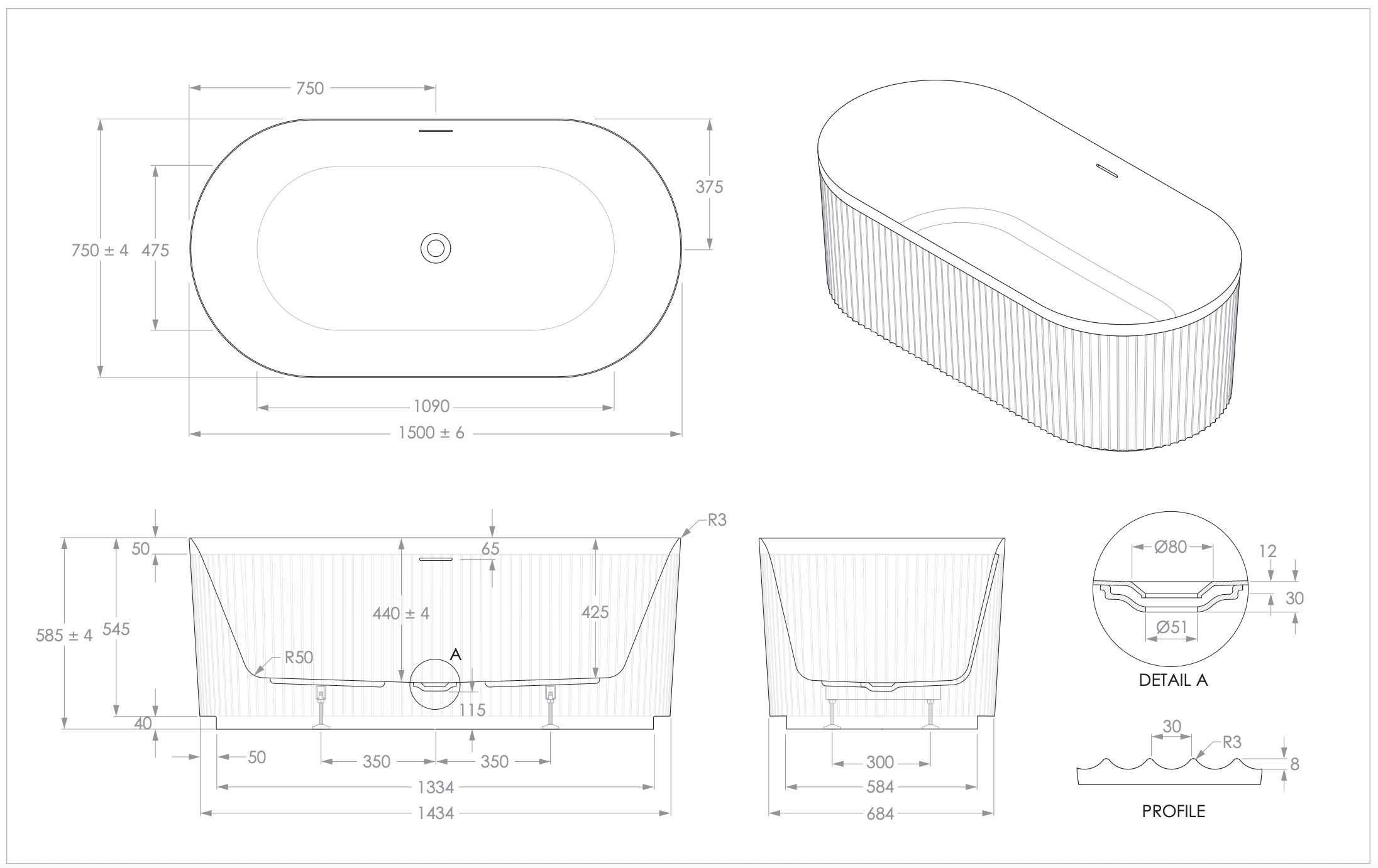 ADP Bronte Fluted Freestanding Bath - 1500mm Gloss or Matte White