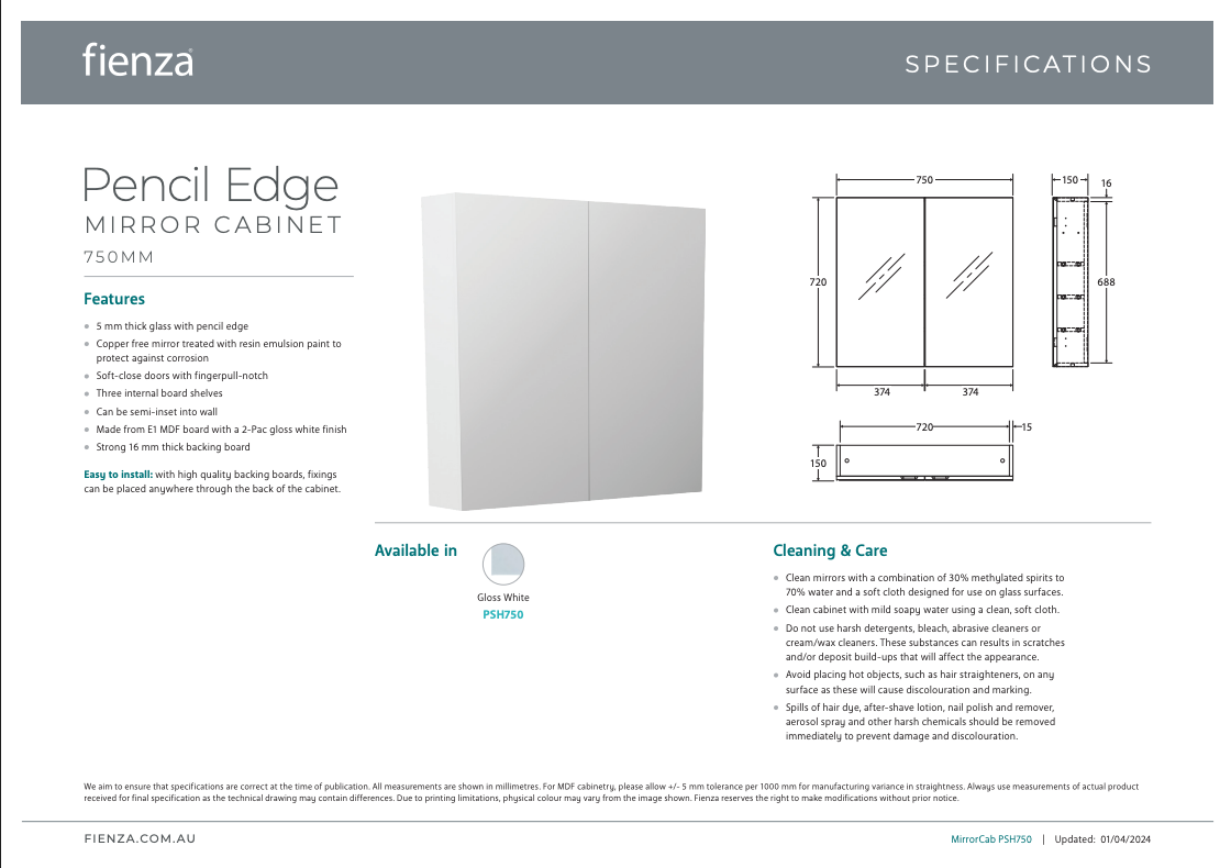 Fienza Pencil Edge 750 Mirror Cabinet
