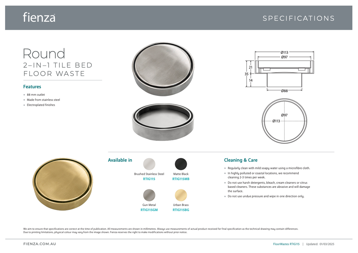 Fienza Round 2-in-1 Tile Bed Floor Waste, 88mm Outlet, Gun Metal