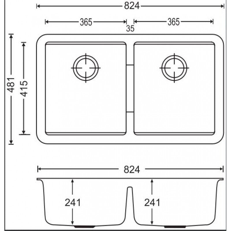 824 x 481 x 241mm Carysil Black Double Bowls Granite Undermount Kitchen Sink