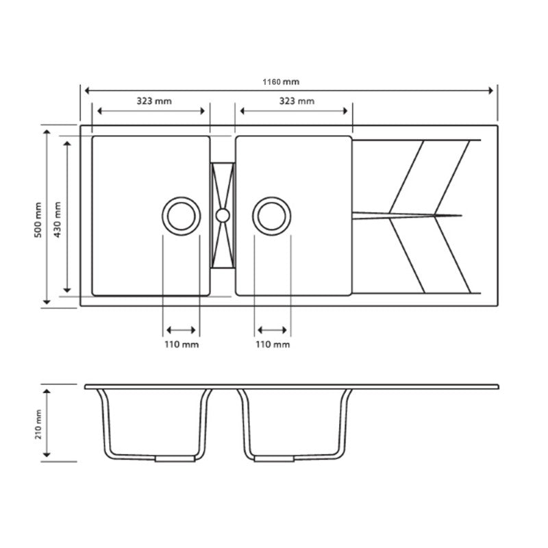 1160 x 500 x 210mm Carysil White Double Bowl Drainer Board Granite Kitchen Sink Top/Flush/Under Mount