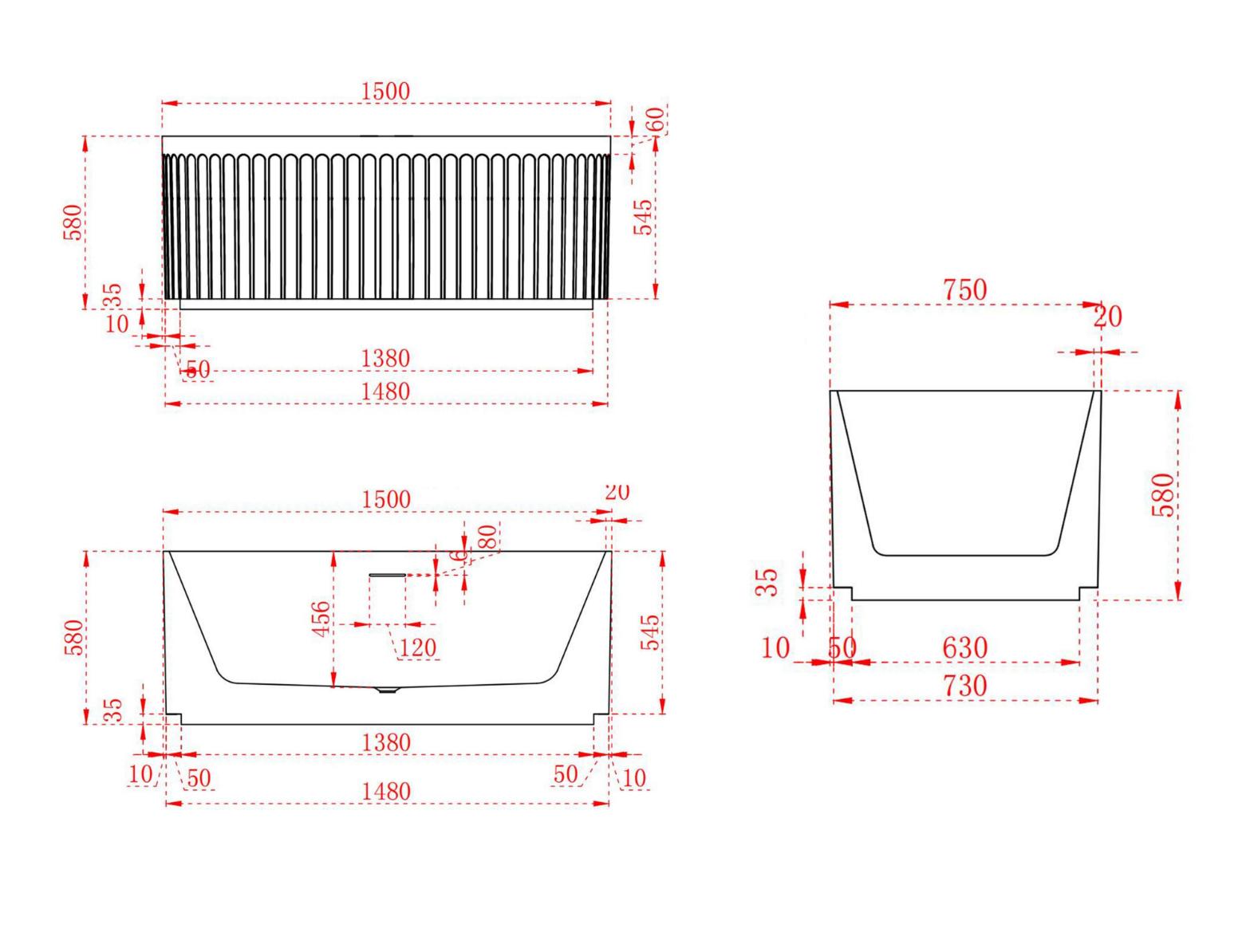 1500mm Artemis V Groove Fluted Free Standing Matte White Bath Tub
