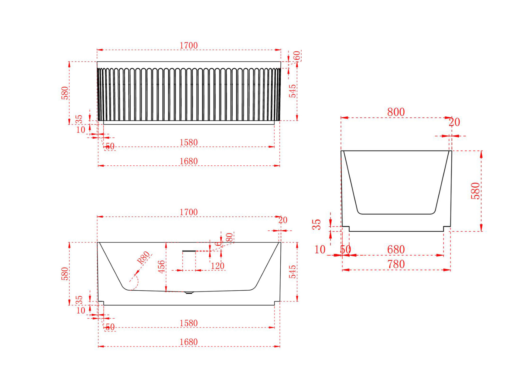 1700mm Artemis V Groove Fluted Free Standing Matte White Bath Tub